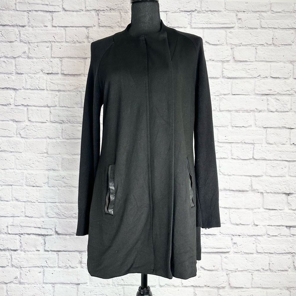 Cabi Tailor Knit Long Jacket Ponte Full Zip Faux Leather Size Small